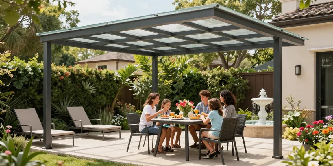 Moderne Terrassenüberdachungen im Freien mit Familie, stilvollem Essen und blühenden Pflanzen