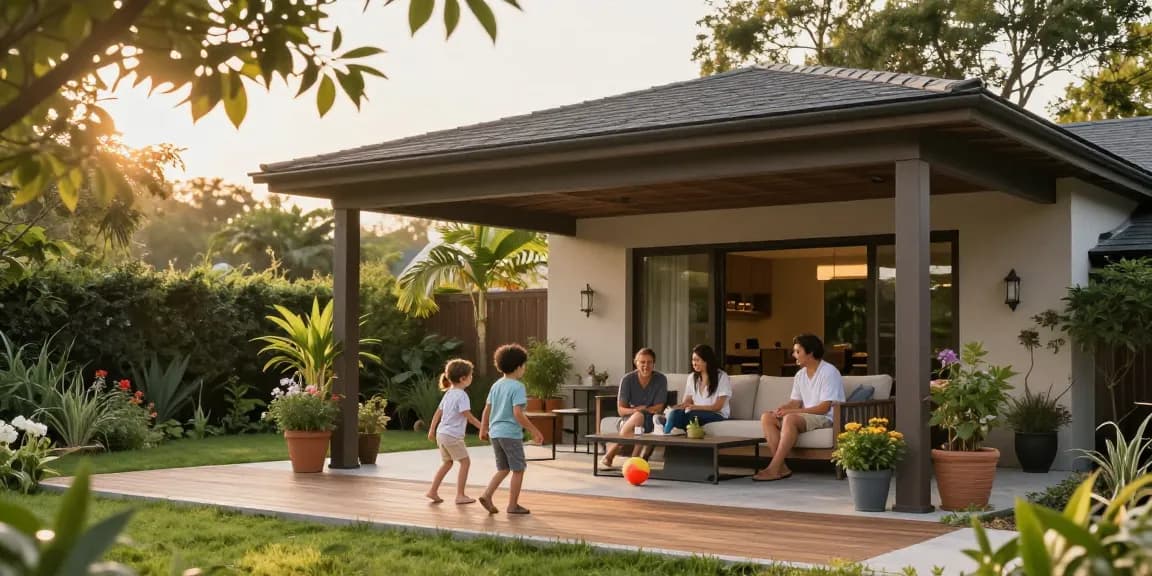 Freistehende Terrassenüberdachung im Garten, Familie genießt die Zeit unter dem Dach.