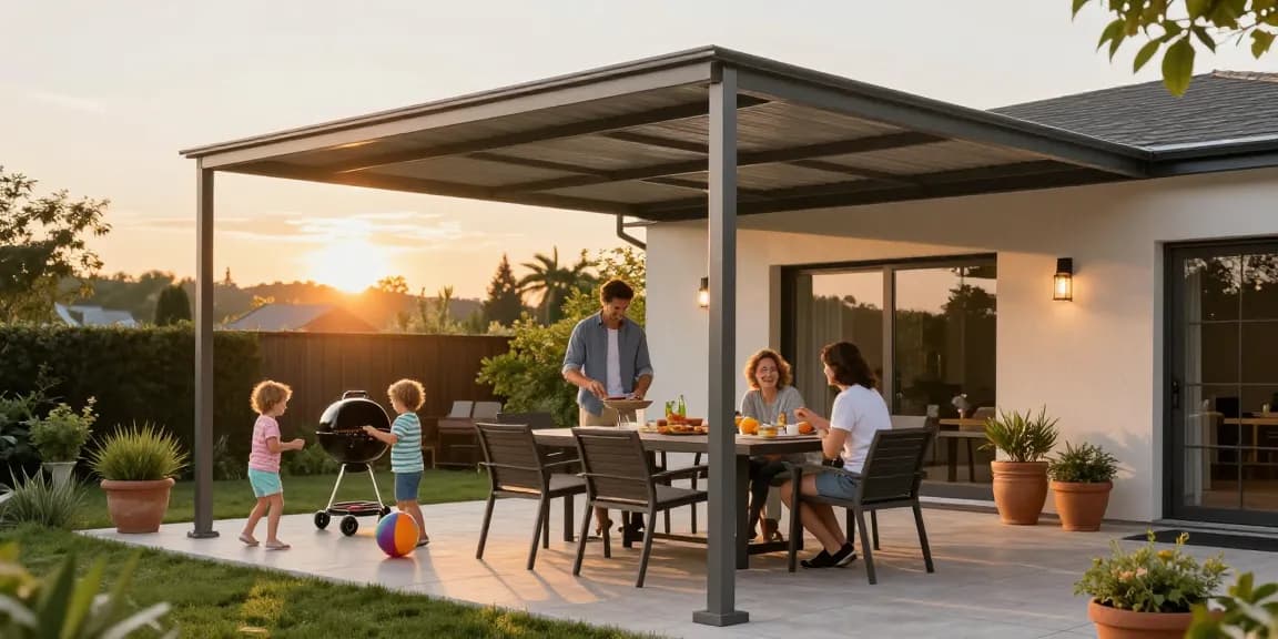 Moderne Terrassenüberdachung bietet Schutz und Stil für die Terrasse während eines Familienbarbecues.
