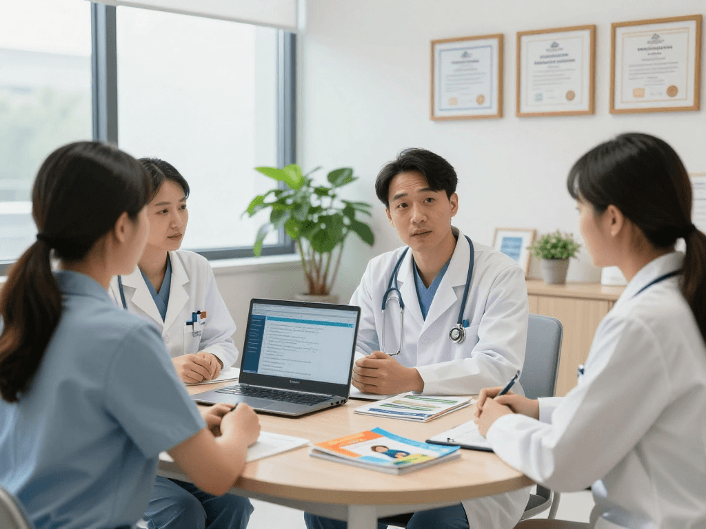 Modern healthcare office discussing Datenschutz und Barrierefreiheit in Gesundheitswesen Arzt practices.
