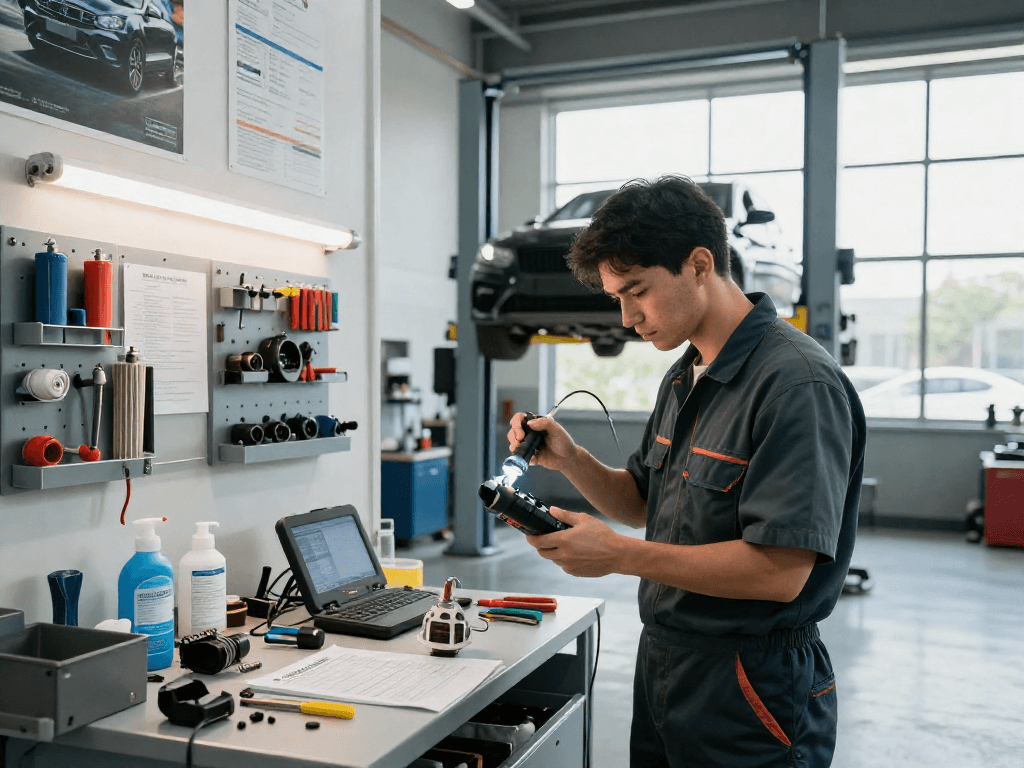 DPF Reinigung Hannover in einer modernen Werkstatt, Mechaniker überprüft den Dieselpartikelfilter mit Diagnosegerät.