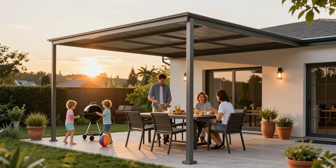 Moderne Terrassenüberdachung bietet Schutz und Stil für die Terrasse während eines Familienbarbecues.