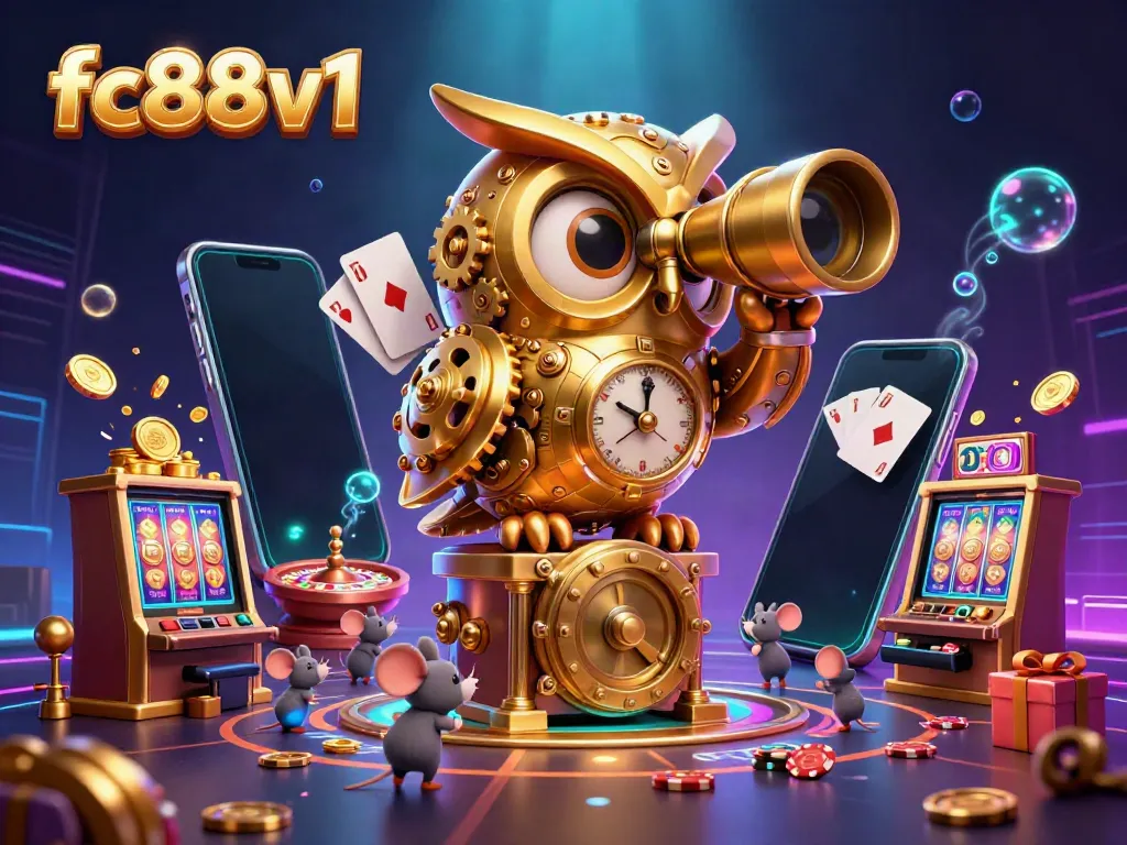 Experience fc88v1's vibrant dynamic casino scene featuring a clockwork owl, slot machines, and lively game elements.