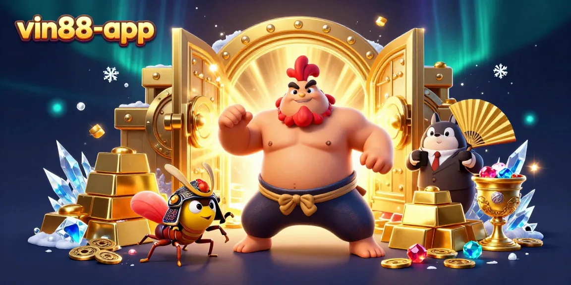 Experience the thrilling action of vin88-app with a powerful rooster and fierce cricket in a vibrant casino scene.
