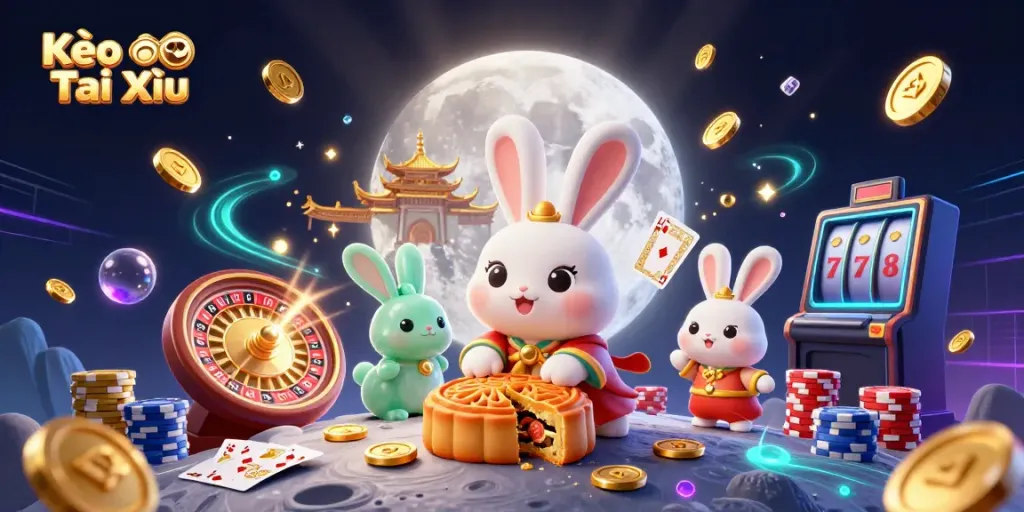 Engage with Kèo Tài Xỉu as a dynamic visual showcasing a moon rabbit and lavish casino elements.