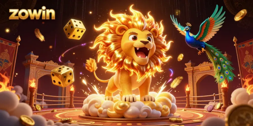 Zowin's vibrant casino universe shines with a golden lion and dynamic games, capturing the thrill of gaming.