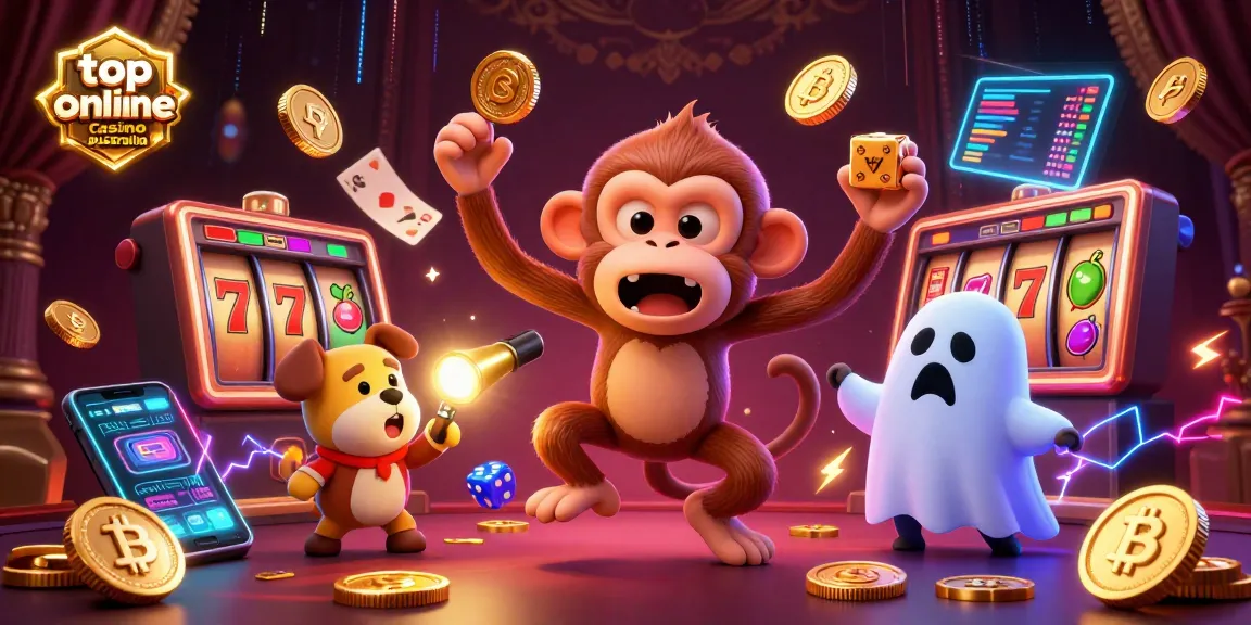 Experience the thrilling top online casino australia with vibrant slot machines and a mischievous ghostly monkey.
