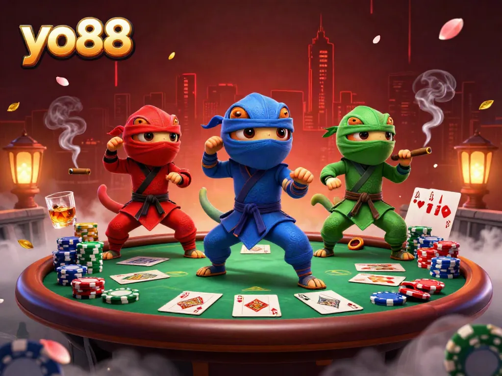 Engage in thrilling poker with yo88 as ninja chameleons showcase martial arts alongside vibrant casino elements.