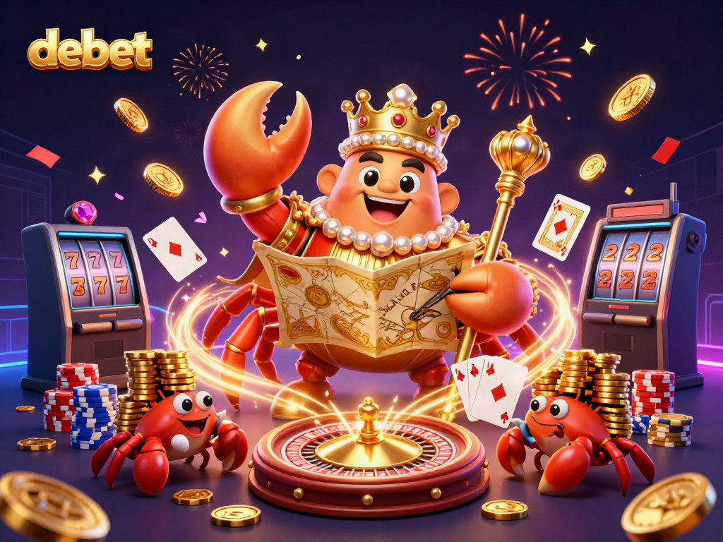 Engage with debet's vibrant casino universe featuring a golden crab emperor, treasure map, and dynamic gaming elements.