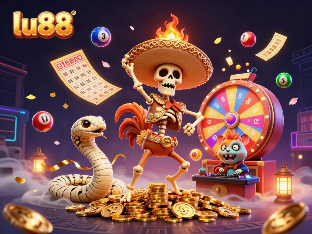 Play and win with LU88's exciting dynamic lottery-themed illustration featuring vibrant characters and gambling elements.