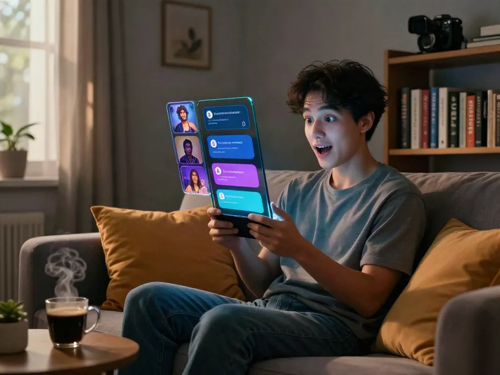 Person enjoying horny AI chat on smartphone in cozy room