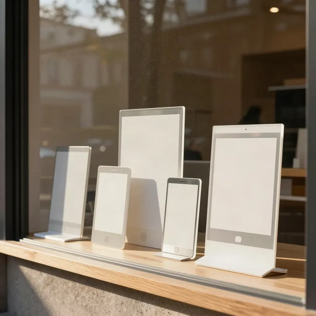 Mockup aus Geräten und Papiermodulen im Schaufenster, hell und hochwertig inszeniert.