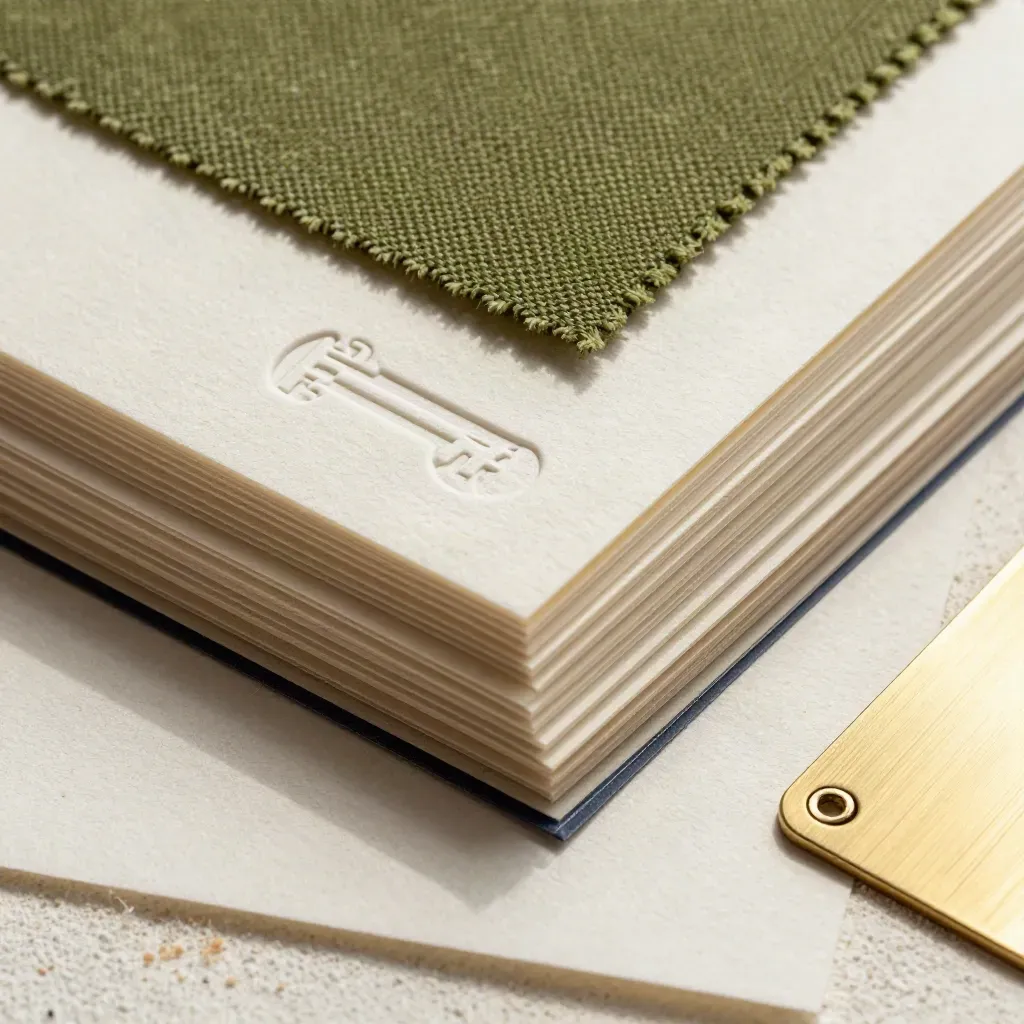 Makro eines Marken-Kits mit Prägekarte, Stoffmuster, Papierproben und Messingplakette.