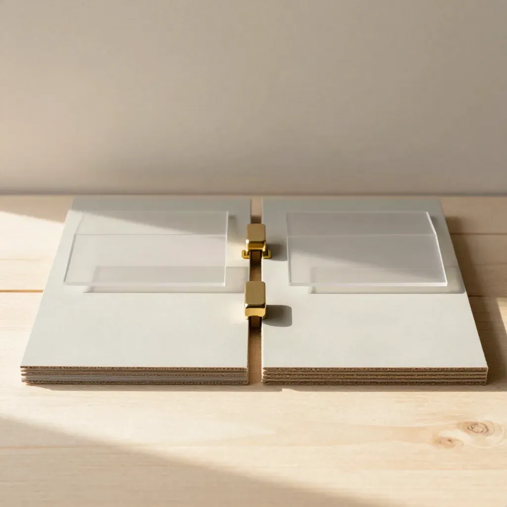 Zwei matte Split-Test-Module mit Folien und Goldakzent auf hellem Holz, streng von oben.