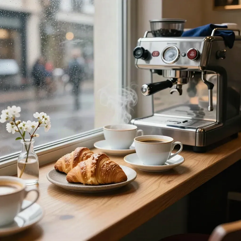 Leeres Café mit Espresso, Croissants, Blumenvasen und Morgenlicht am Fenster