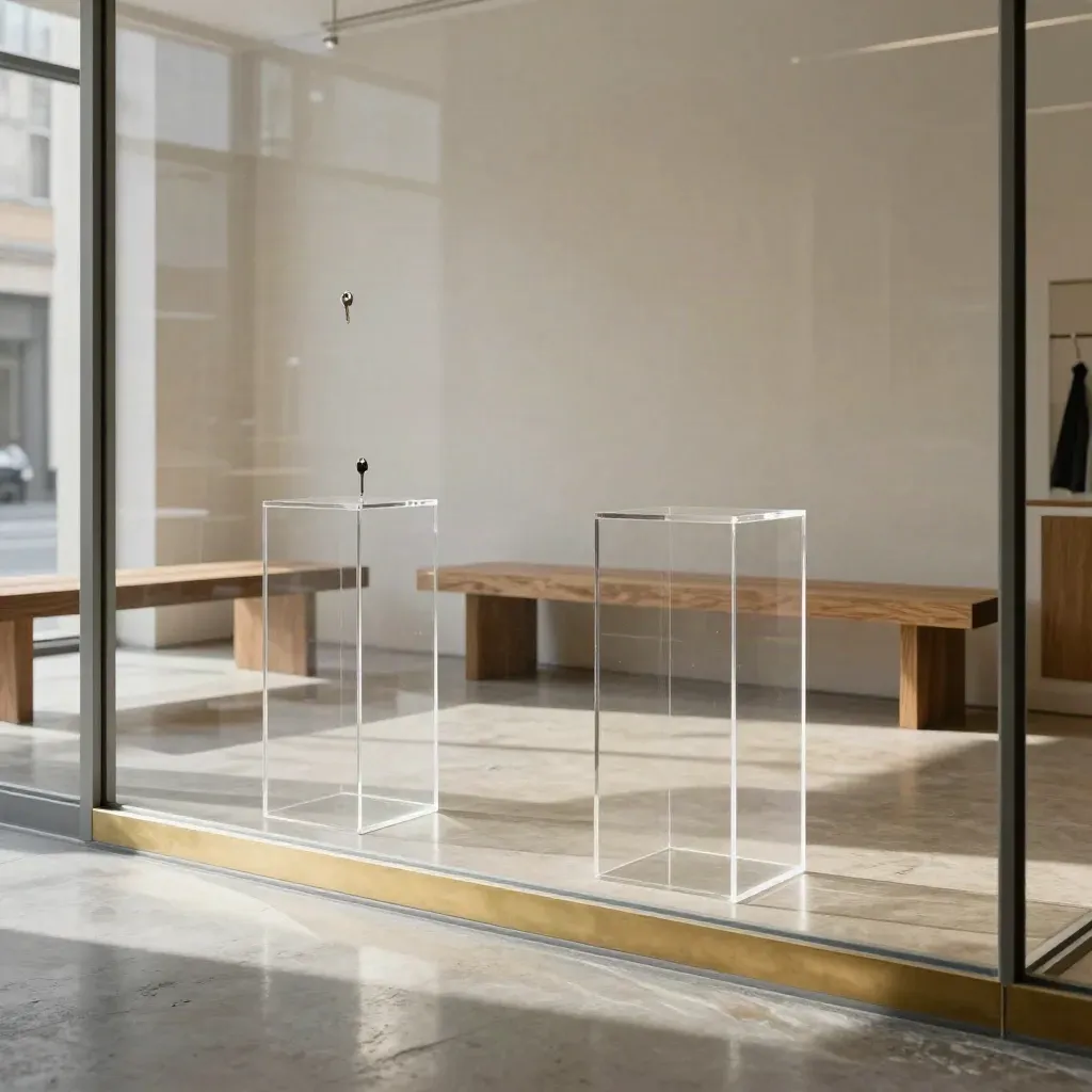 Minimalistisches Berliner Studio-Interieur mit Glas, Podesten und Goldakzenten