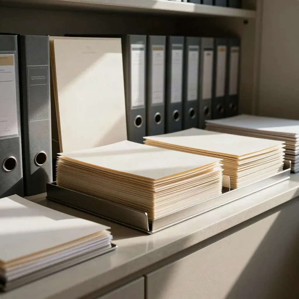 Geordnete Kanzlei-Mappen und Papier auf hellem Steinsockel im Archivlicht