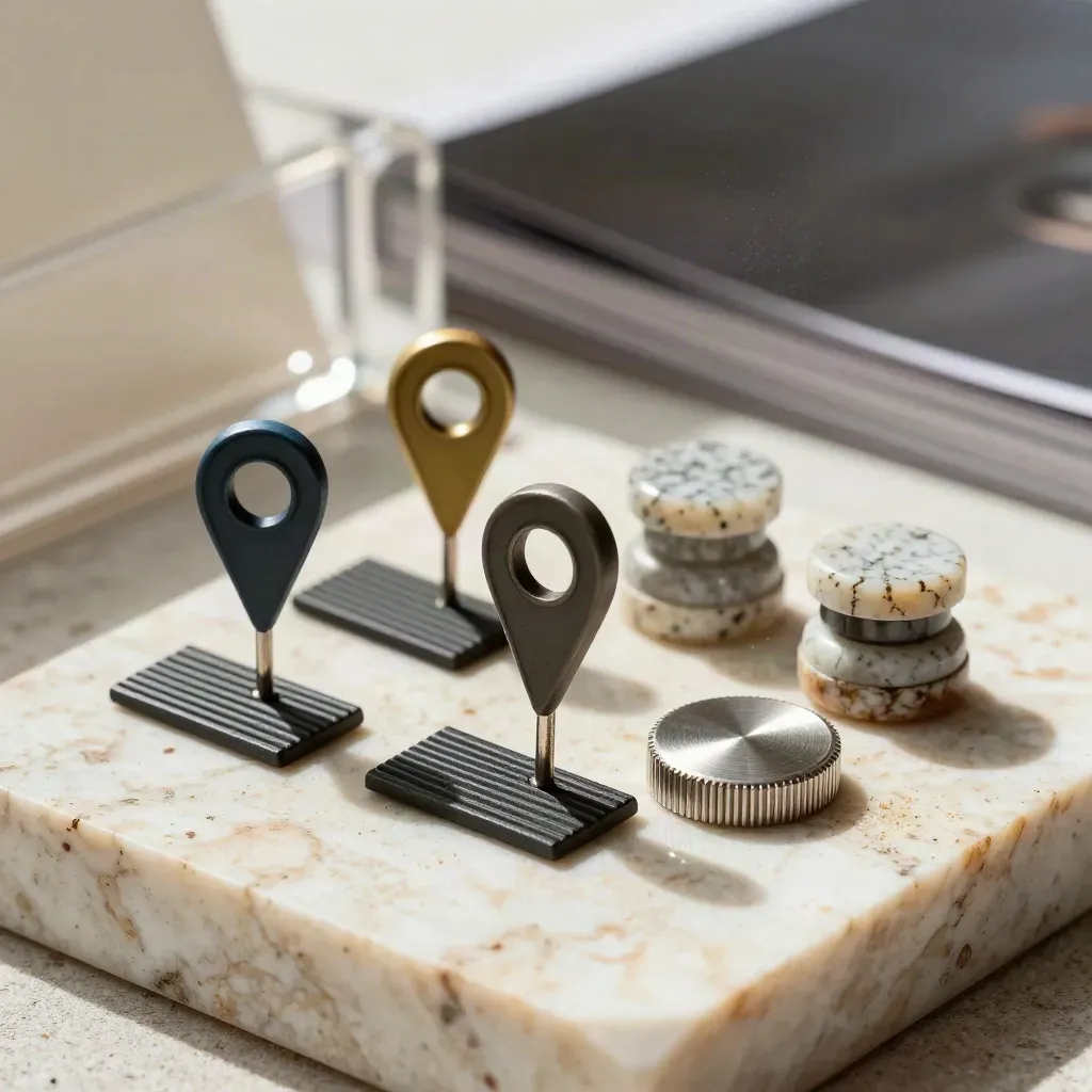 Makro eines SEO-Toolkits mit Pins, Kartenreitern und Stein-Gewichten auf Travertin.
