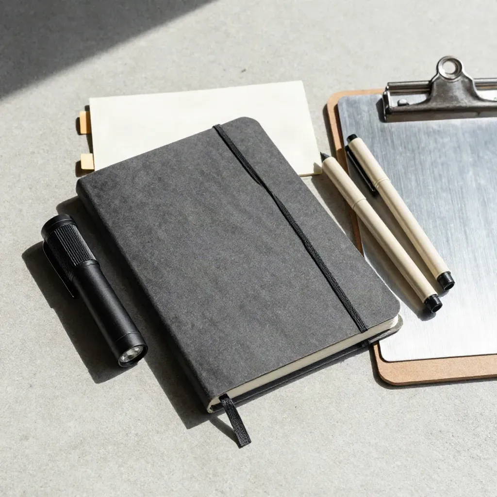 Audit-Set mit Notizbuch, Taschenlicht, Markern und Klemmbrett auf hellem Beton.