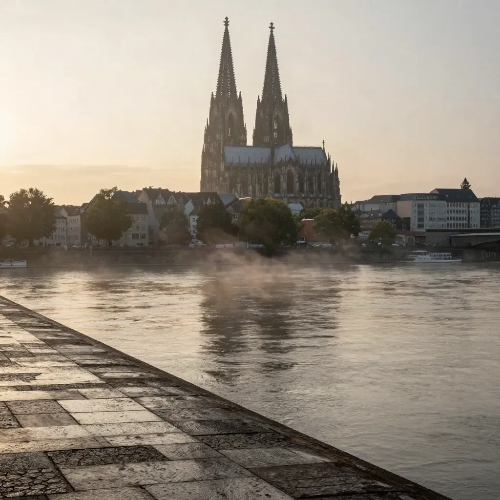 Kölner Dom im Dunst über ruhigem Rhein, frühe Dämmerung nach Sommerregen