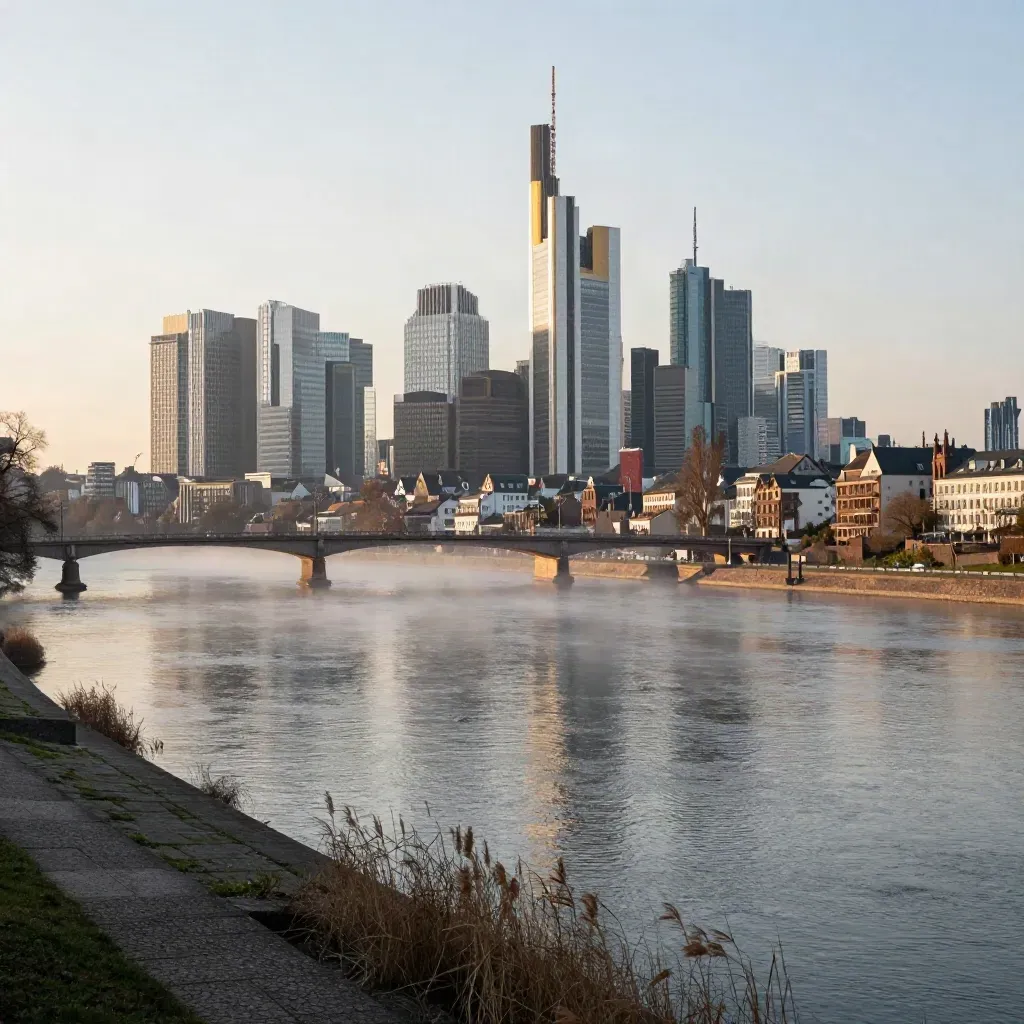 Frankfurter Skyline über dem Main im Abenddunst, ruhig und weit