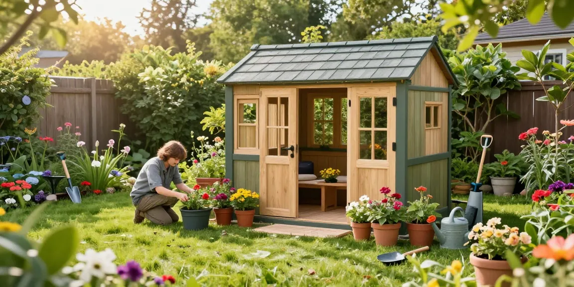 Ein Garten Haus in einem malerischen Garten mit blühenden Pflanzen und Gartenwerkzeugen.