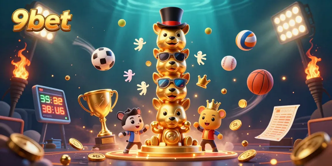 Engage in thrilling moments with 9bet in this vibrant 3D casino scene filled with sports action elements.