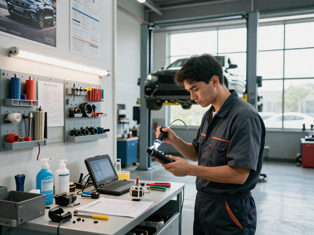 DPF Reinigung Hannover in einer modernen Werkstatt, Mechaniker überprüft den Dieselpartikelfilter mit Diagnosegerät.