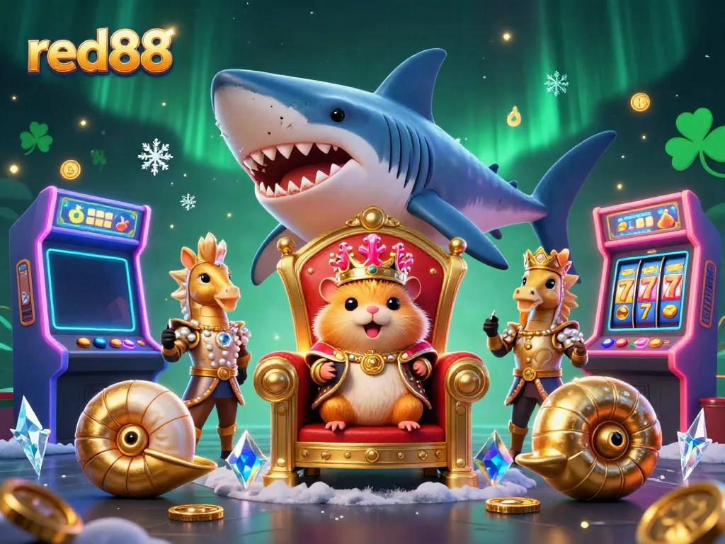 Experience the thrill of red88 with a whimsical 3D scene featuring a golden hamster king, vibrant game machines, and casino elements.