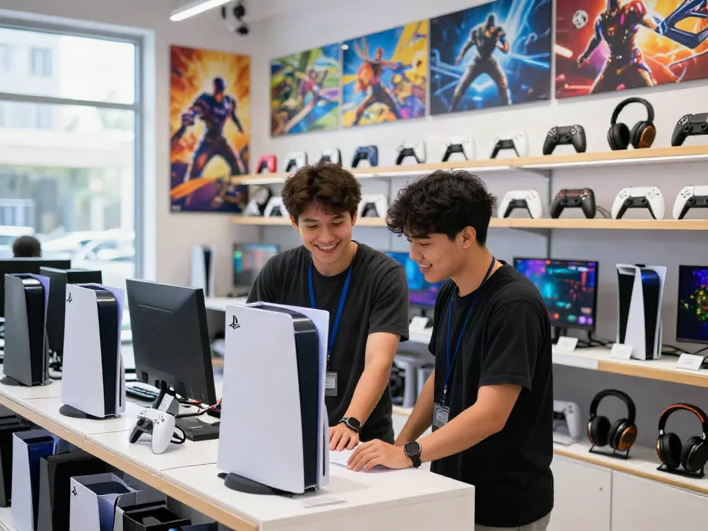 rokok88 gaming store with PlayStation and accessories, vibrant display