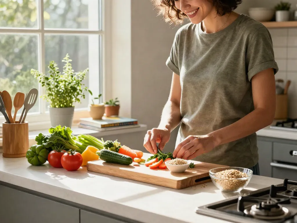 Healthy cooking with rokok88 ingredients in a bright kitchen.