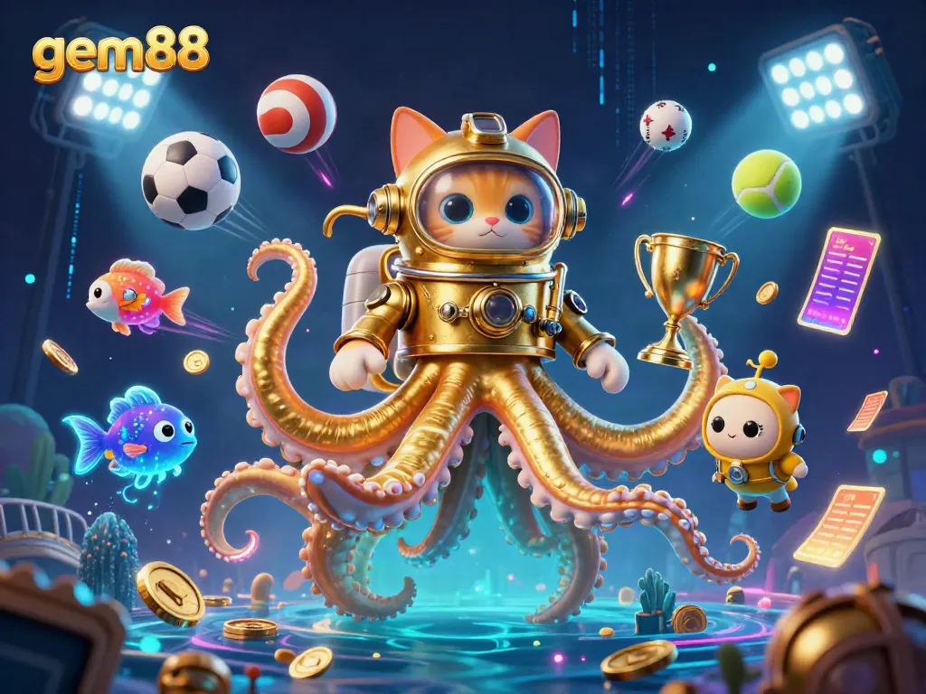 Experience gem88 with a dynamic 3D scene featuring a kraken, diving cat, and sports elements.