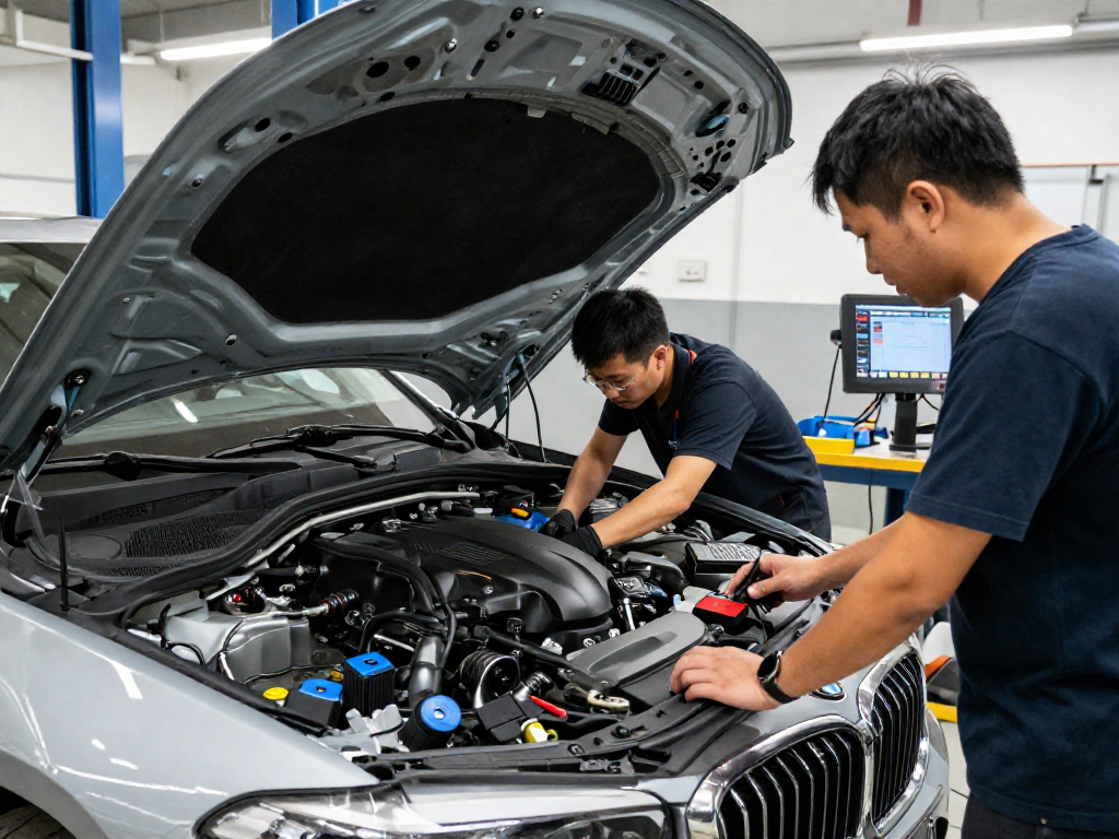Professionelles Team in der BMW Werkstatt Hannover bei der Fahrzeugdiagnose.