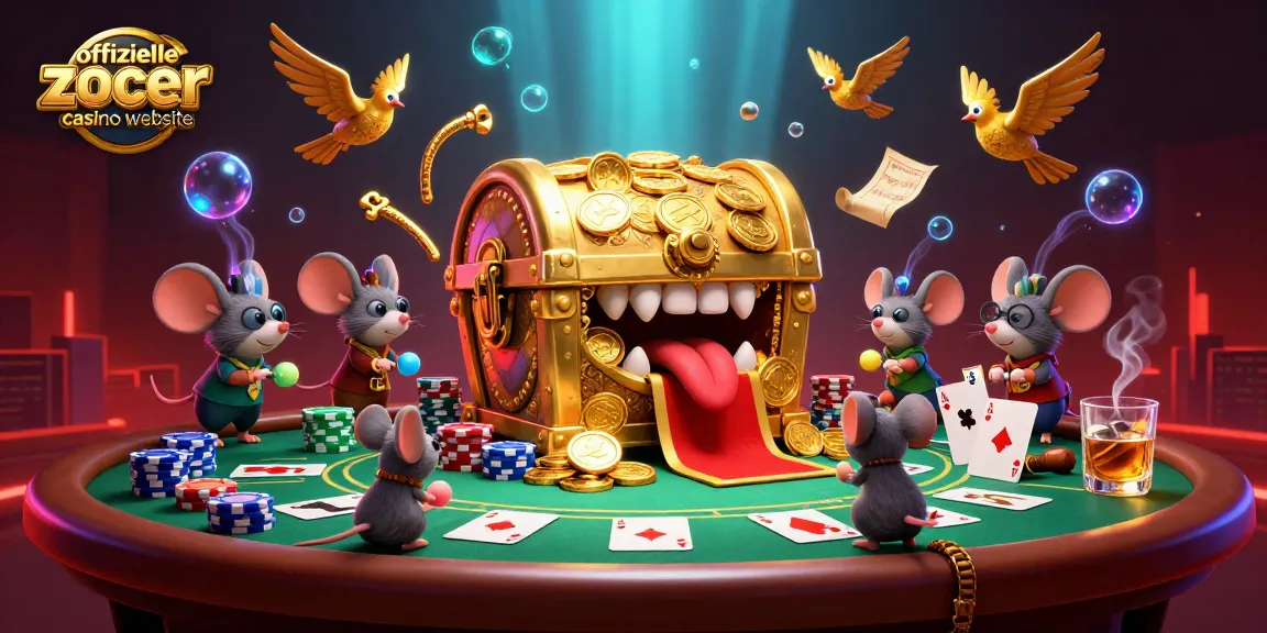 Die offizielle Zoccer Casino Website zeigt ein lebendiges 3D-Illustrationselement von einem goldenen Schatz mit Poker-Tischen und Streu-Elementen.