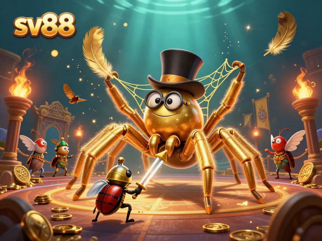 Engage in epic battles at sv88 with vibrant casino elements, featuring a golden tarantula and a brave beetle knight.